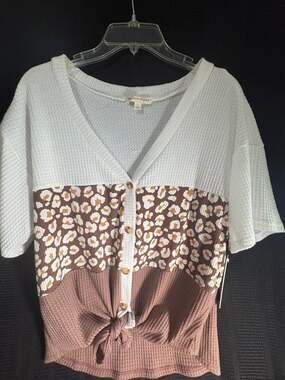 Above and Beyond Waffle Knit Color Block Leopard Print Tie Front Button Down Top